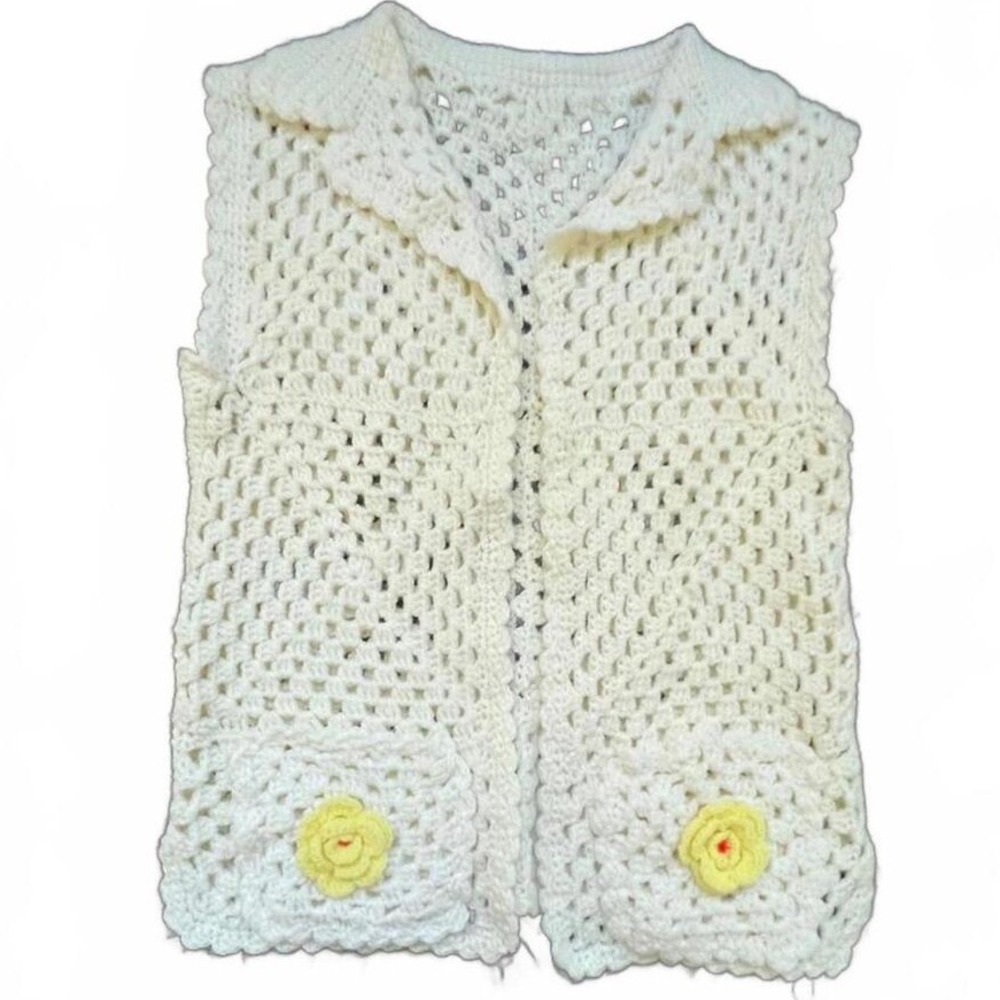 Crochet Vest Cream Floral Granny Square Boho Sleeveless Small